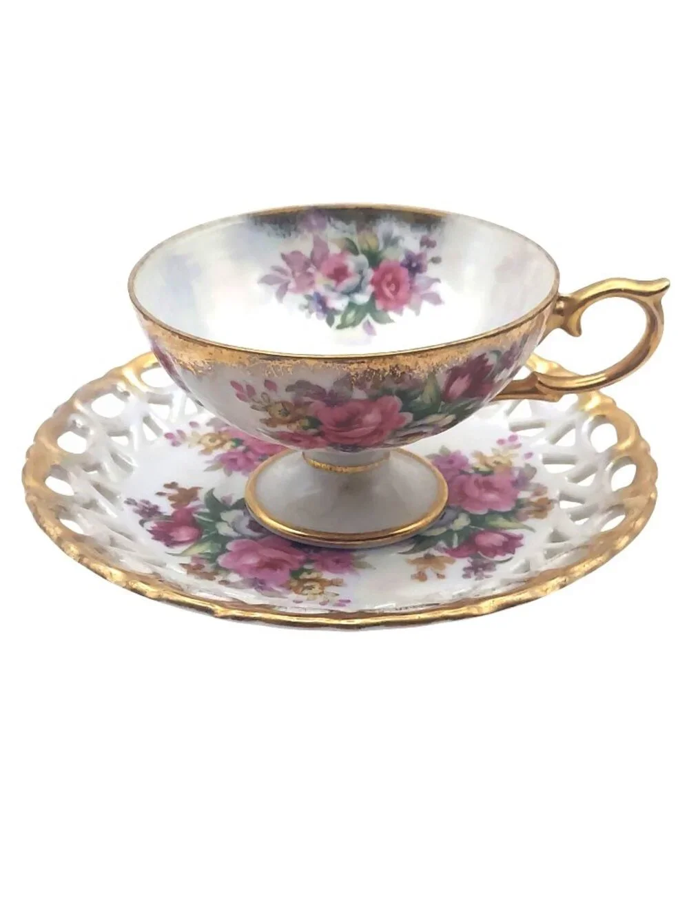 Shaford Footed Tea Cup Saucer Set Reticulated Gold Trim Floral Japan Vintage